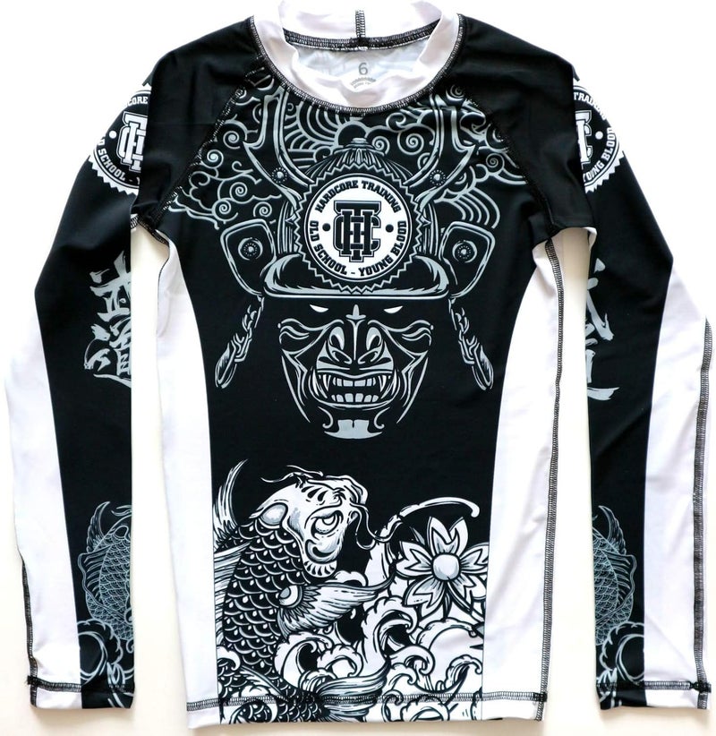 Hardcore Training Kids Rash Guard Compression Base Layer Tights No Gi BJJ Fitness Workout Running Boxing (US, Age, 10 Years, White/Black) - Image 1